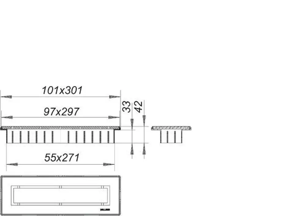Dallmer Duschrinne aus Edelstahl mit geometrischem Schnitt, einschließlich Maßangaben und technischen Details. Übersichtliche Darstellung der Dimensionen und des Designs.