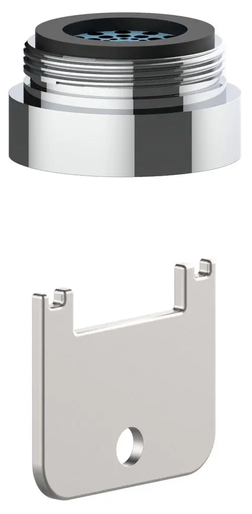 Zwei Zubehörteile von Keuco, bestehend aus einem verchromten Strahlregler mit Schraubgewinde und einem metallischen passenden Werkzeug zur Montage oder Demontage.