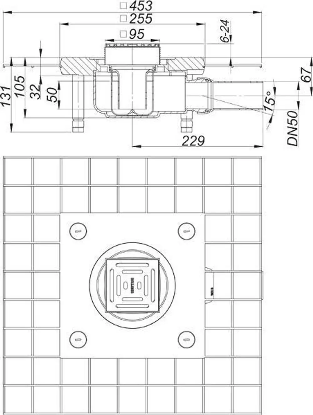 Dallmer Bodenablauf mit quadratischem Deckel, vertikaler Anschlussleitung und integriertem Ablauf, dargestellt in einer technischen Zeichnung mit Maßangaben.