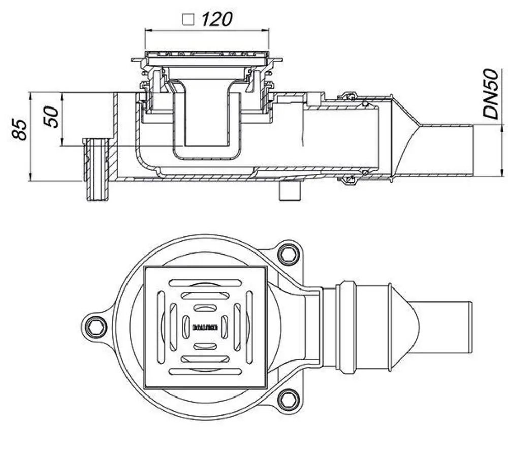Dallmer Bodenablauf mit rechteckiger Bauform, dargestellt in seitlicher und oberer Ansicht. Anschluss und Abmessungen sind schematisch dargestellt.