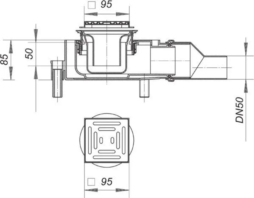 Dallmer Bodenablauf mit rechteckigem Design, seitlicher Anschluss, und einem Gitter zur Wasserableitung. Maße und Anschlussdetails nicht explizit erkennbar.