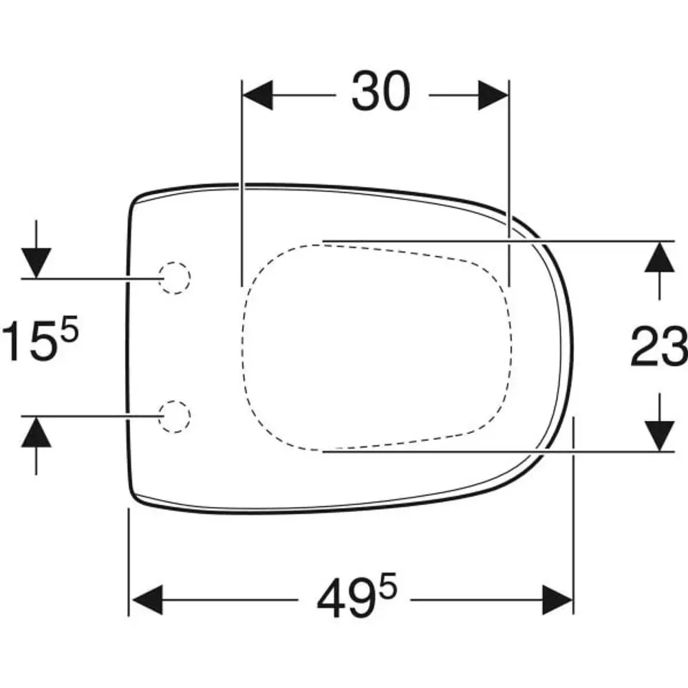 Geberit WC-Sitz mit ovaler Form, zwei Befestigungsbohrungen und Absenkautomatik. Abbildung zeigt die Maße und die Form des Sitzes.