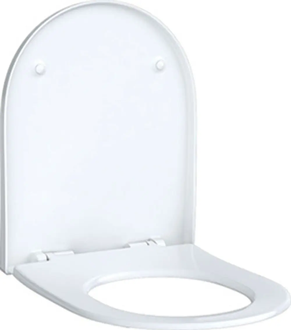 WC-Sitz in Weiß, geschlossenes Design, mit Chrom-Scharniere, antibakterieller Oberfläche, von Geberit, für Standard-Toiletten geeignet.