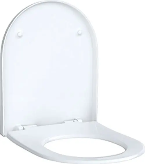 WC-Sitz in Weiß, geschlossenes Design, mit Chrom-Scharniere, antibakterieller Oberfläche, von Geberit, für Standard-Toiletten geeignet.
