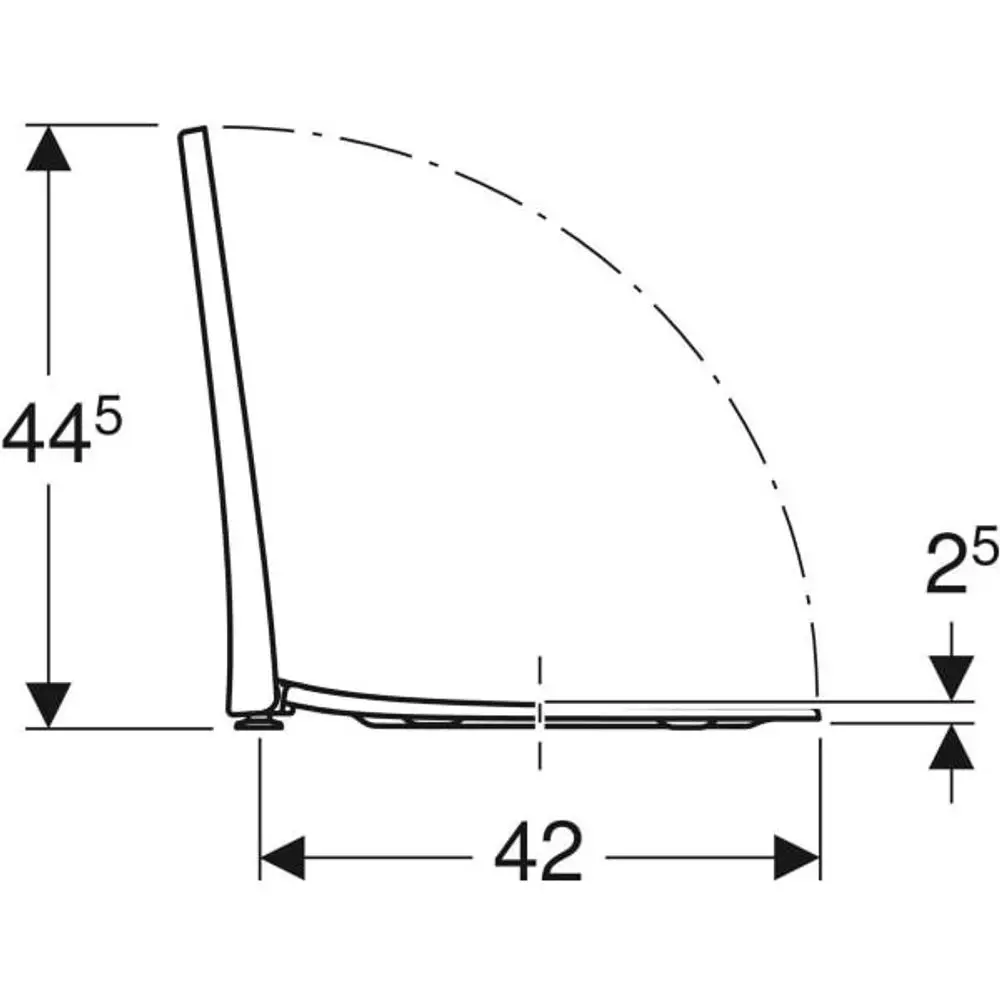 Geberit WC-Sitz mit schlanker Form, antibakterieller Oberfläche, WrapOver-Design und chromfarbenen Scharnieren. Zeichnung zeigt Maße und Profilansicht des Sitzes.