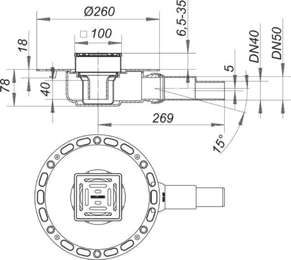 Technische Zeichnung eines Dallmer Bodenablaufs mit kreisförmigem Rand, seitlicher Abflussöffnung und detaillierten Maßangaben, geeignet für DN 40 oder DN 50.