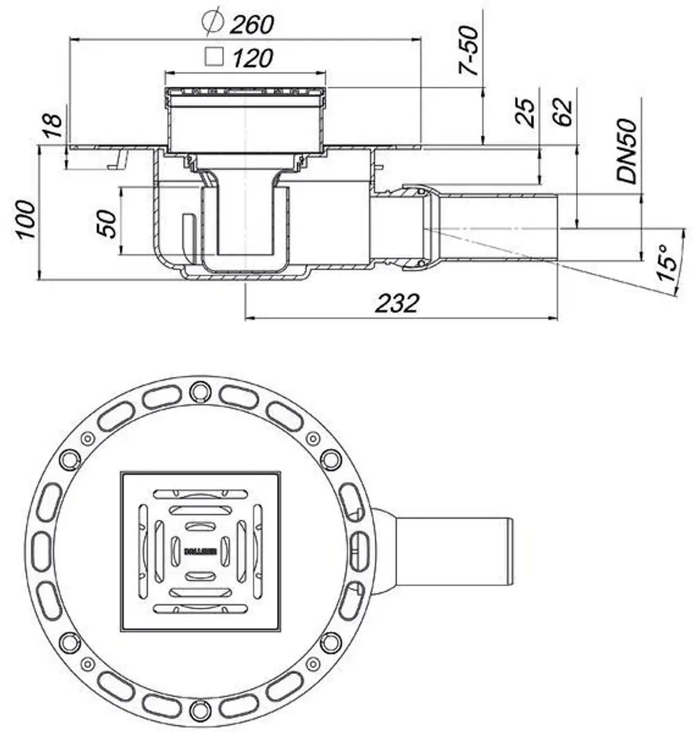 Dallmer Bodenablauf mit runder Abdeckung, seitlichem Anschluss, einem Durchmesser von etwa 260 mm und einer quadratischen Öffnung in der Mitte. Technische Zeichnung mit Maßen.
