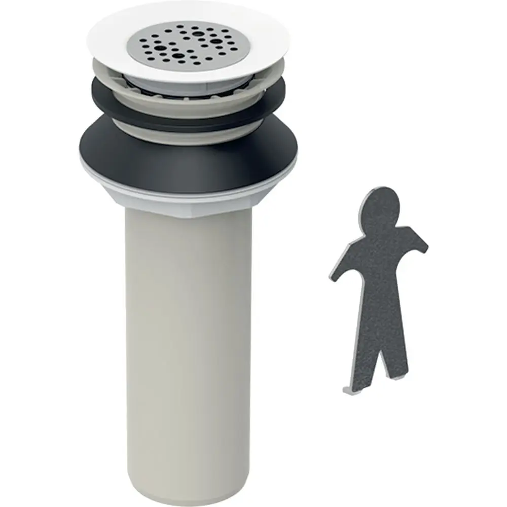 Set bestehend aus Ablaufgarnitur für wasserlose Urinale, inklusive Abdeckung und Dichtungen, von Geberit. Die Teile sind für die Installation in Sanitärbereichen konzipiert.