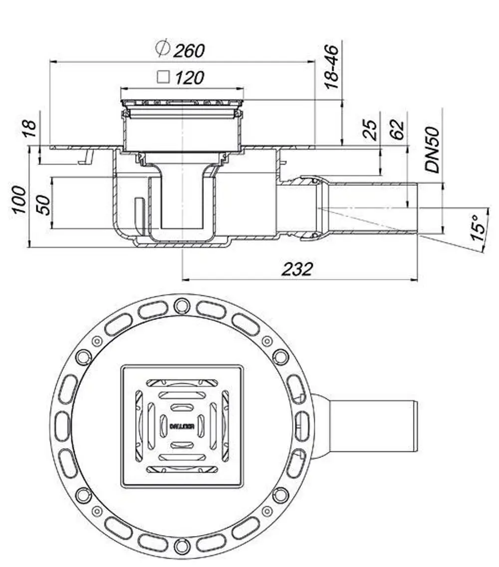 Bodenablauf von Dallmer, schematische Darstellung mit seitlichem und oberem Schnitt, zeigt Anschlüsse und Maße, geeignet für Entwässerungssysteme.