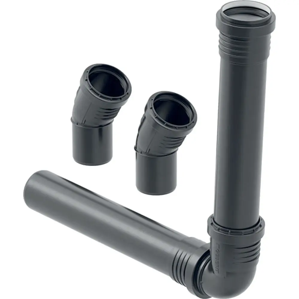 Ablaufsystem aus schwarzen Kunststoffrohren und Winkeln, geeignet für Urinale, hergestellt von Geberit. Verbindungsstücke und Formstücke sind deutlich sichtbar.