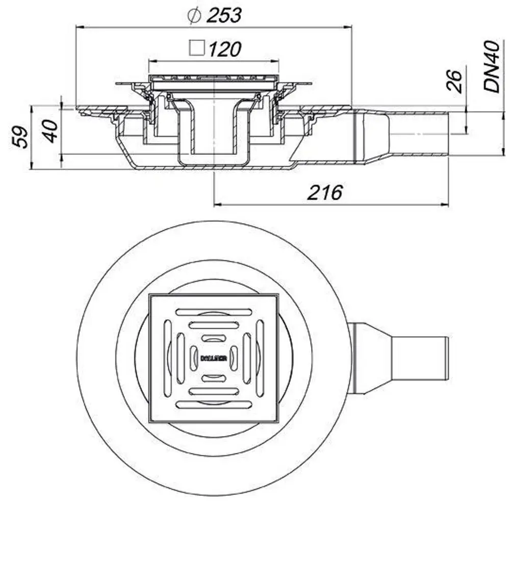 Dallmer Bodenablauf mit quadratischem Abdeckgitter und seitlichem Anschluss. Technische Zeichnung mit Maßen und Details zur Installation.