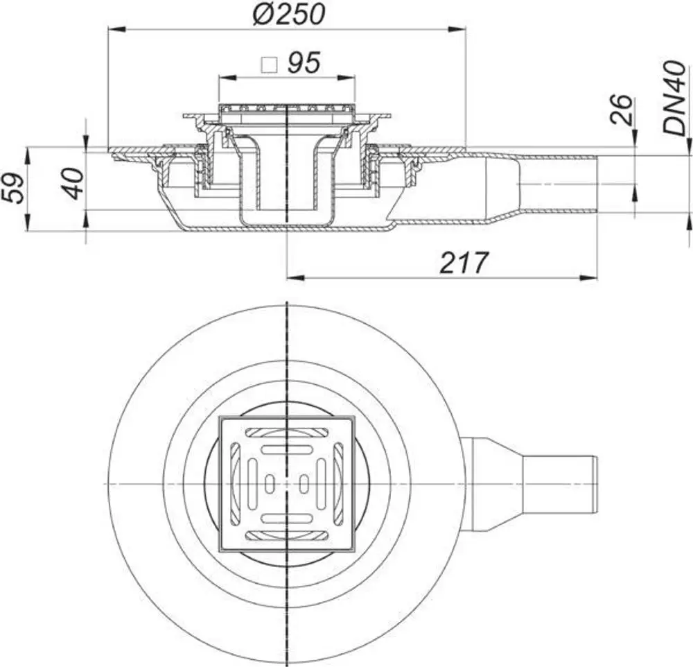 Dallmer Bodenablauf mit quadratischem Design, Sicht auf die oberen und seitlichen Elemente, Maßstab für technische Details und Anschlussmöglichkeiten.