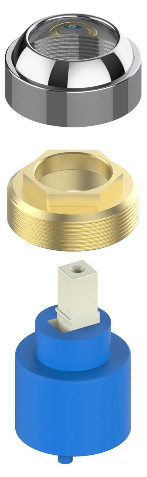 Drei Teile einer Armatur von Keuco: oben ein verchromter Deckel, in der Mitte ein goldener Gewindeadapter, unten ein blauer Kartusche mit quadratischem Anschluss.
