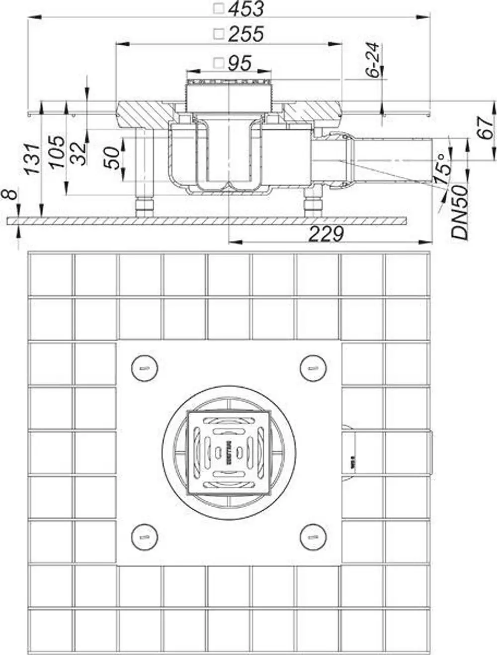 Dallmer Schallschutzablauf mit quadratischer Abdeckung und seitlichem Abfluss. Zeichnung zeigt Seiten- und Draufsicht mit Dimensionen und Anschlussdetails.