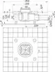 Dallmer Schallschutzablauf mit quadratischer Abdeckung und seitlichem Abfluss. Zeichnung zeigt Seiten- und Draufsicht mit Dimensionen und Anschlussdetails.