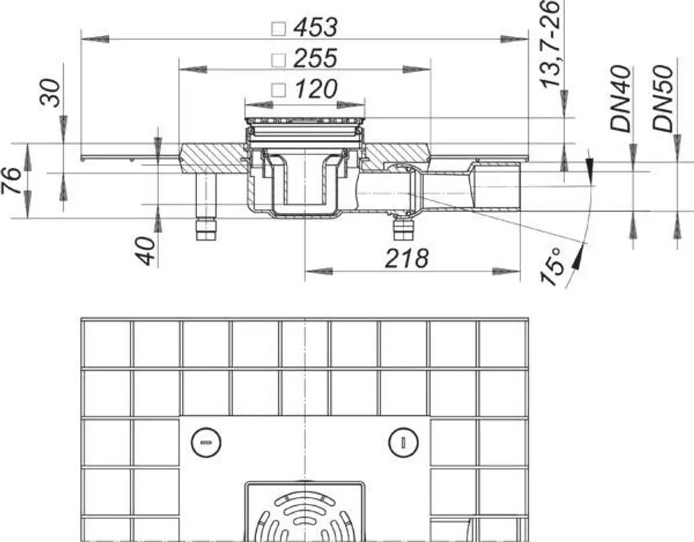 Dallmer Schallschutzablauf mit einem quadratischen Aufbau und mehreren Anschlussmöglichkeiten, dargestellte Maße und Strukturen sind schematisch abgebildet.