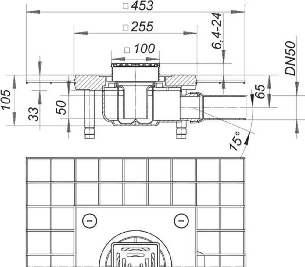 Dallmer Bodenablauf mit quadratischer Form, Sicht auf die Oberseite und die seitlichen Anschlüsse, inklusive technischer Maße und Details wie DN 50 und Neigungswinkel.
