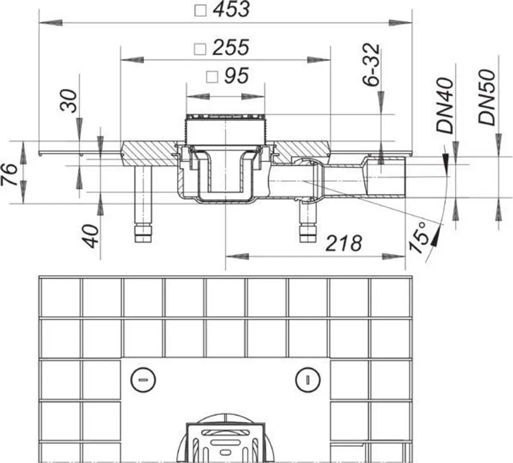 Dallmer Bodenablauf mit quadratischem Design, Schnittzeichnung zeigt Anschlussmöglichkeiten und Maße für DN 40 und DN 50. Verdrahtete Ausführung mit integrierten Montageschlitzen.