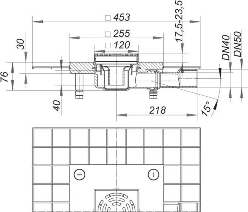 Dallmer Bodenablauf mit rechteckiger Form, seitlichem Ablauf und Anschlussmöglichkeiten für DN 40 und DN 50, dargestellt in technischem Schema mit Maßangaben.