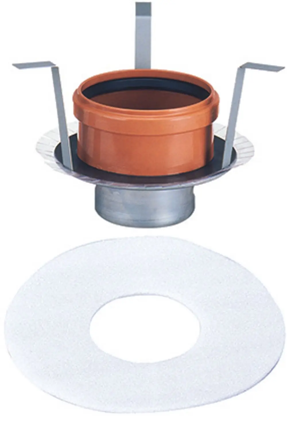 Dallmer Brandschutz-Rohbauelement in runder Form, bestehend aus einem terrakottafarbenen Innenkörper und einer Metallsockelplatte, mit einer weißen Dichtung.