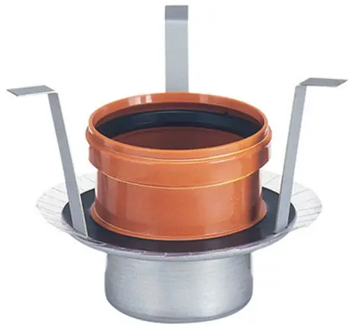Dallmer Brandschutz-Rohbauelement mit einem runden, rostfreien Rahmen und einem integrierten orangen Behälter, fixiert durch zwei seitliche Halterungen.
