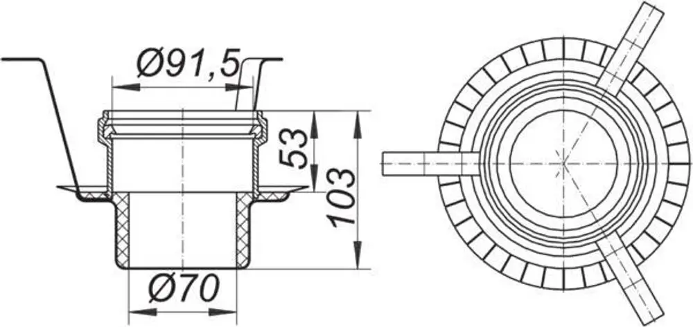 Technisches Zeichnungsdiagramm eines Rohbauelements von Dallmer mit seitlichem und oberem Ansicht, einschließlich Maßangaben und Durchmessern.