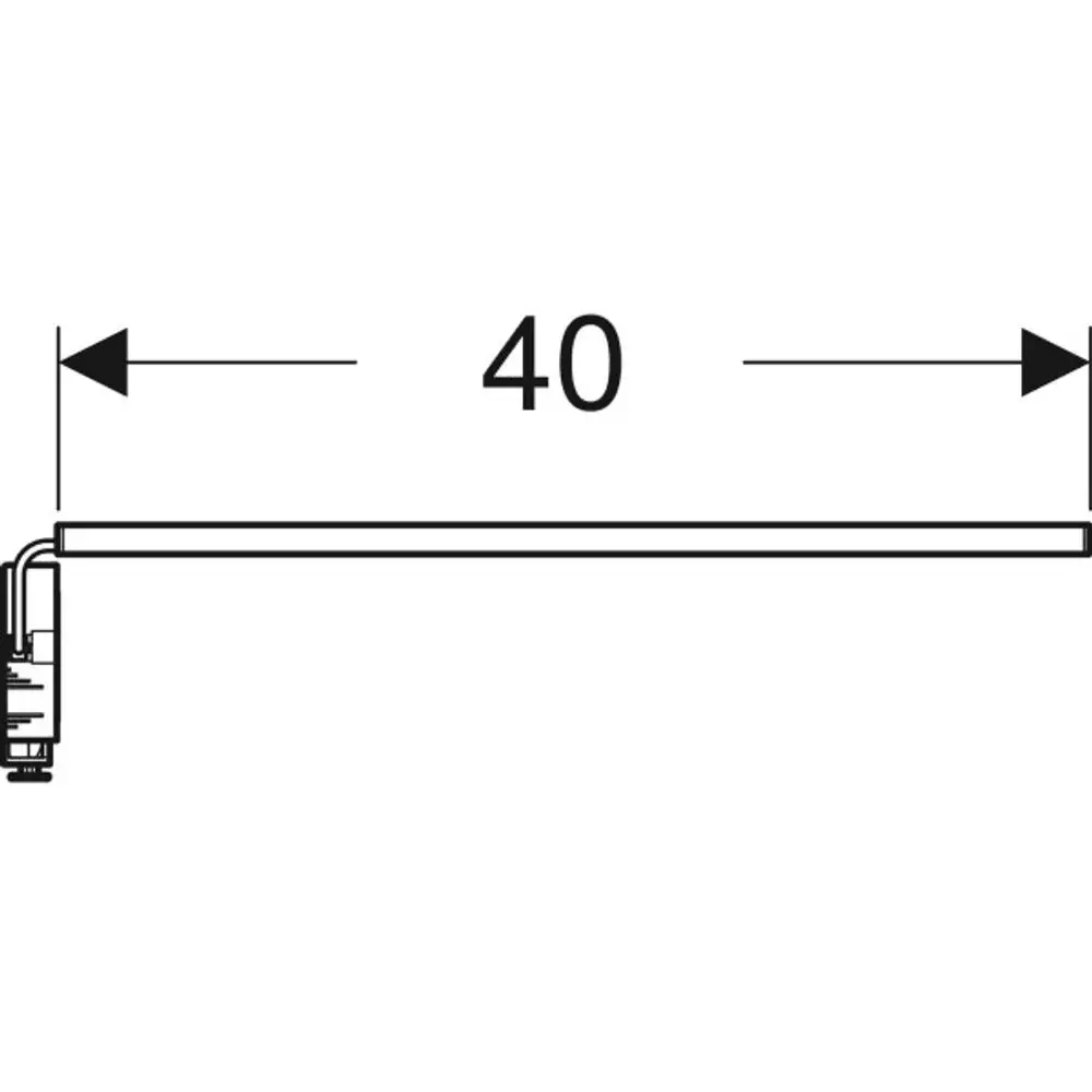 Lange LED-Lichtleiste von Geberit, montiert an einer Schublade, mit einer klaren, dünnen Struktur und einer Anschlussleitung auf der linken Seite.