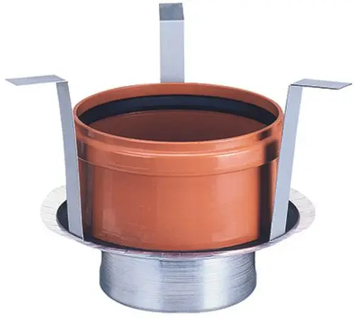 Dallmer Brandschutz-Rohbauelement mit einem orangen Kunststoffbehälter, montiert auf einer Metallbasis mit zwei vertikalen Halterungen.