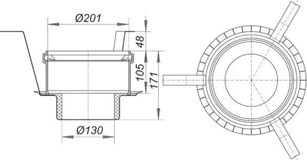 Schematische Zeichnung eines Dallmer Brandschutz-Rohbauelements mit Maßangaben, seitlicher und oberer Ansicht, für Installationen mit Durchmesser DN 100.