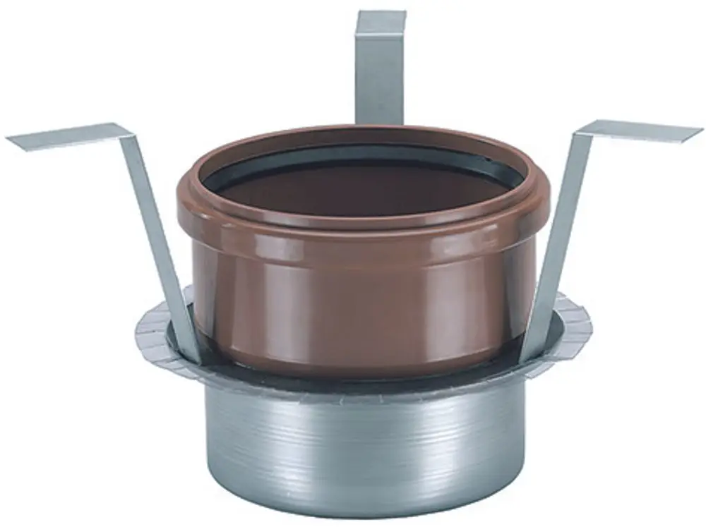 Brandschutz-Rohbauelement von Dallmer mit rundem, braunem Behälter und metallischen Halterrungen. Geeignet für den Einbau in bauliche Strukturen.
