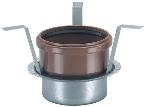 Brandschutz-Rohbauelement von Dallmer mit rundem, braunem Behälter und metallischen Halterrungen. Geeignet für den Einbau in bauliche Strukturen.