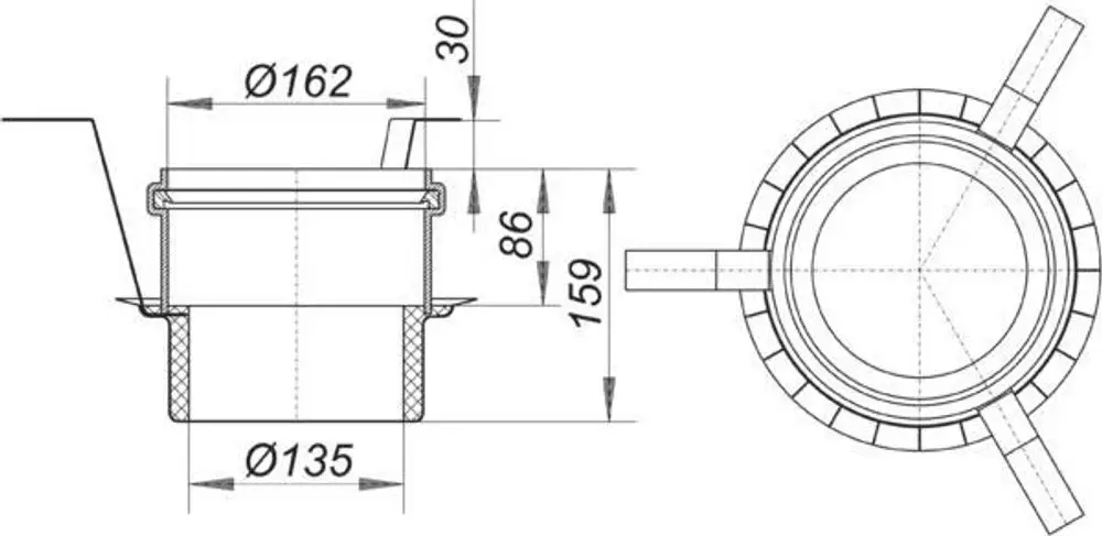 Technisches Zeichnungsdiagramm eines Brandschutz-Rohbauelements von Dallmer, mit seitlichen und oberen Ansichten sowie Maßangaben.