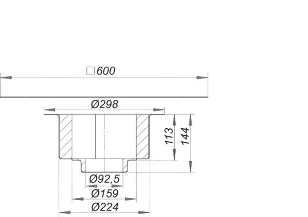 Dallmer Brandschutzelement aus Stahl mit trapezförmigem Design, zeigt Maße und Durchmesser in einer technischen Zeichnung an.