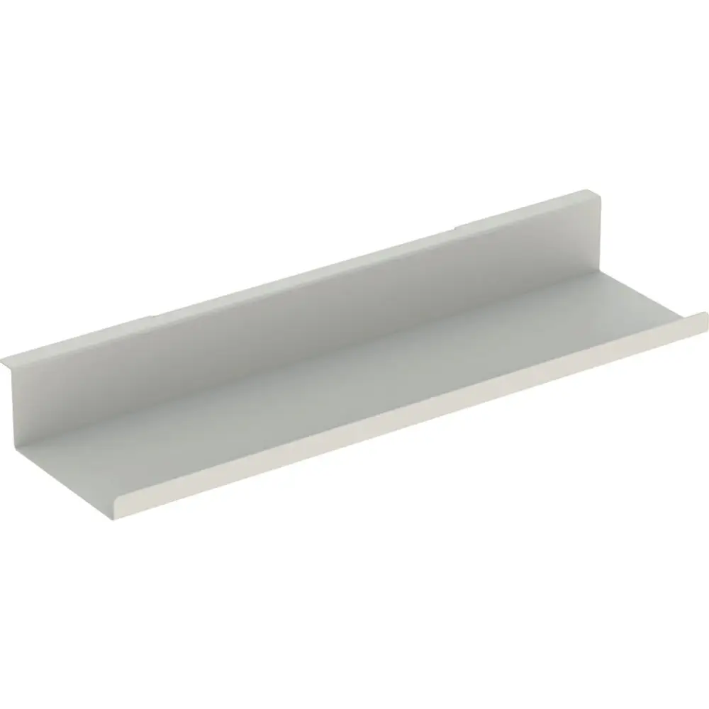 Sandgraue Wandablage von Geberit mit einer glatten Oberfläche, rechteckiger Form und aufgestellten Seitenkanten. Ideal für die Wandmontage in verschiedenen Räumen.