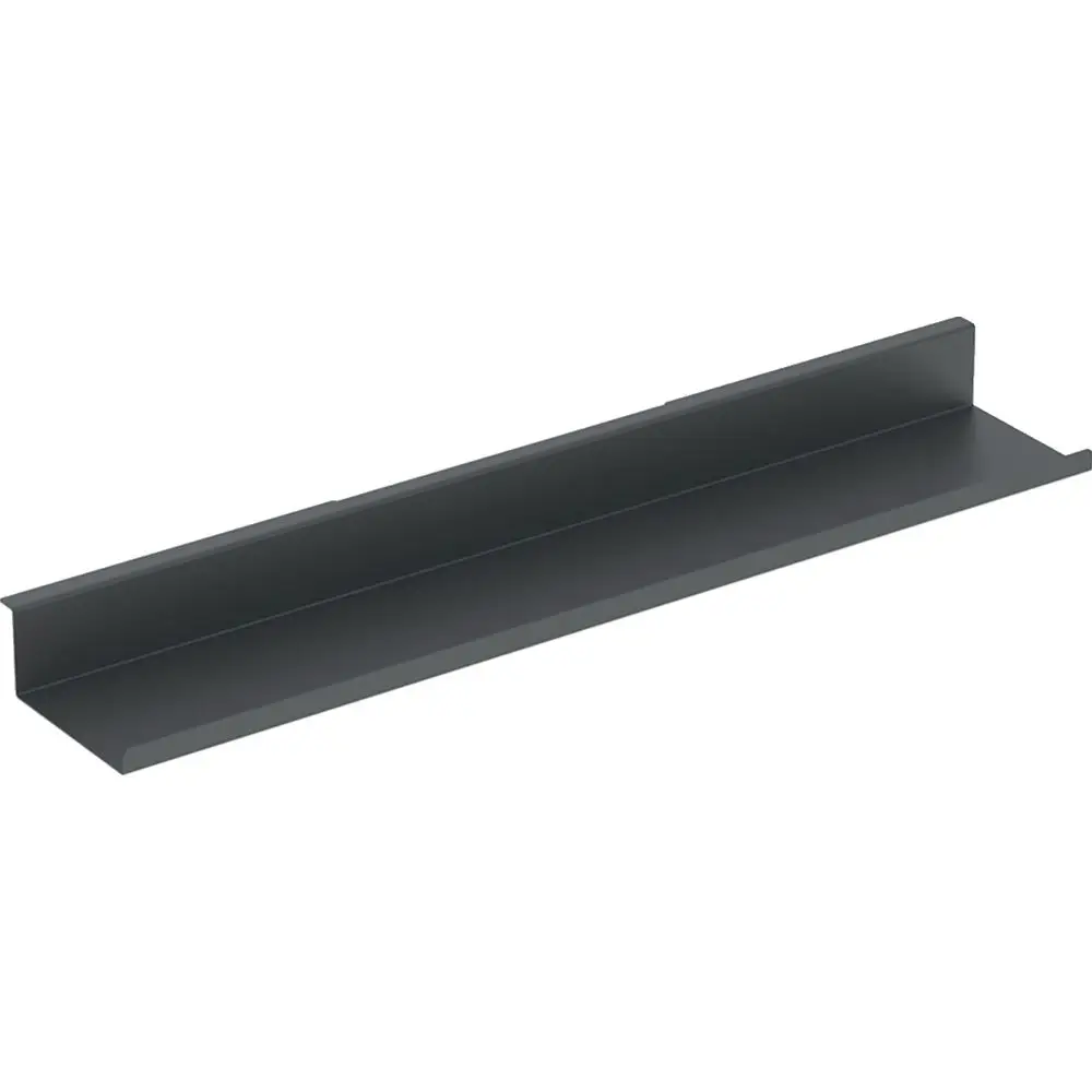 Schwarze Wandablage von Geberit, flach und rechteckig, mit zwei seitlichen Kanten. Ideal zum Ablagen von Gegenständen in verschiedenen Räumen.
