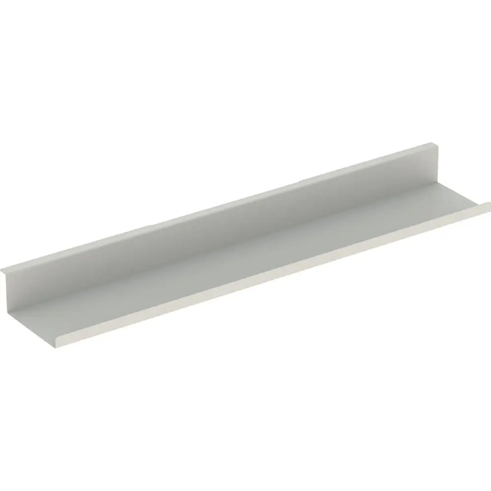 Geberit-Wandablage in sandgrau mit flacher, schmaler Form und erhöhten Seitenkanten zur sicheren Ablage von Gegenständen, an einer weißen Wand montiert.