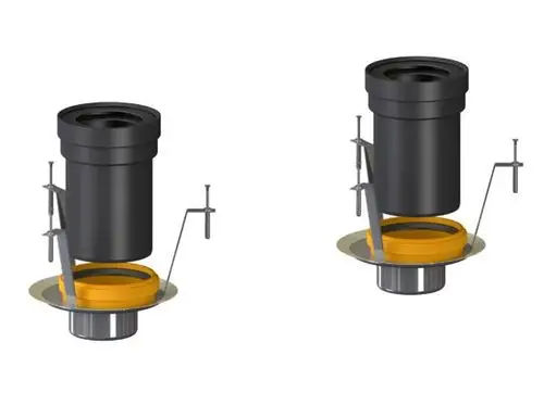 Zwei Ansichten eines Brandschutz-Rohbauelements von Dallmer, mit einem Zylinderabschneider und Montagehalterungen, auf einer runden Grundplatte.
