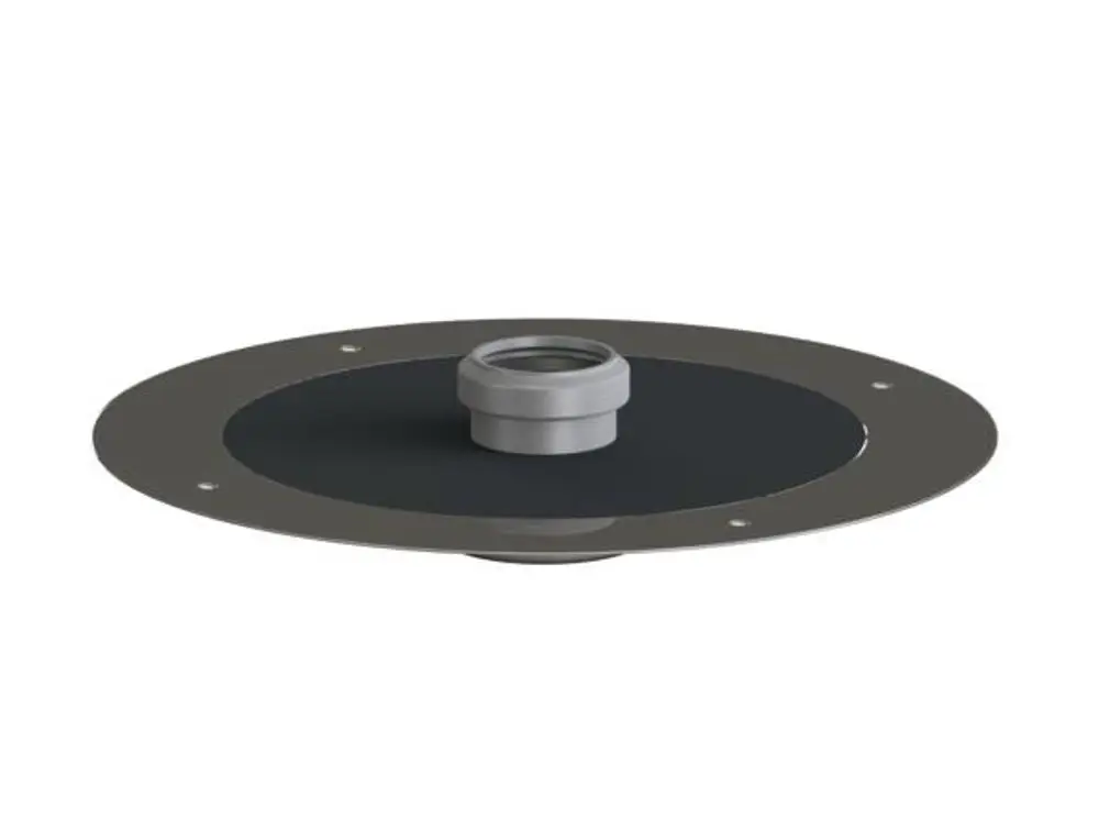 Brandschutzelement von Dallmer mit einer runden, flachen Metallplatte und einem zentralen Anschlussaufbau. Ideal für Sanitärinstallationen.