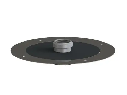 Brandschutzelement von Dallmer mit einer runden, flachen Metallplatte und einem zentralen Anschlussaufbau. Ideal für Sanitärinstallationen.