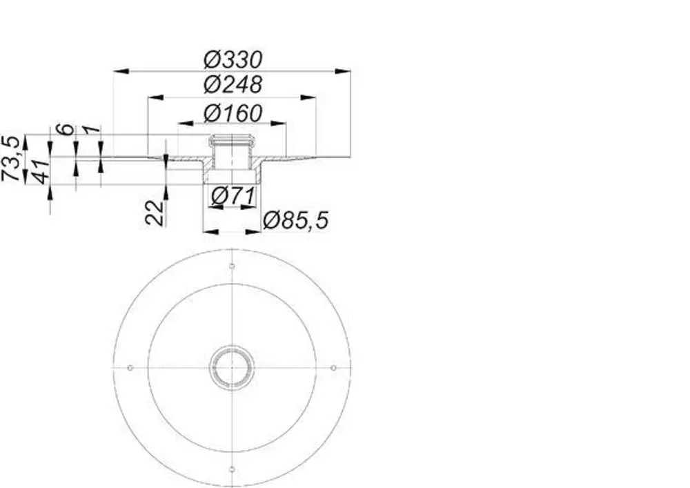 Dallmer Brandschutzelement in technischem Design, seitliche Ansicht mit klaren Abmessungen und Details, einschließlich verschiedener Durchmesser und Höhenangaben.