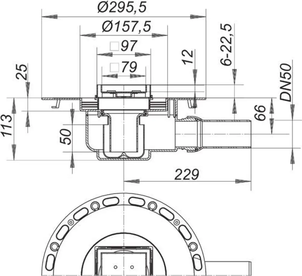 Dallmer Bodenablauf mit kreisförmigem Design, seitlicher Anschluss und verschiedenen Anschlussmöglichkeiten, abgebildet aus der Seiten- und Draufsicht.
