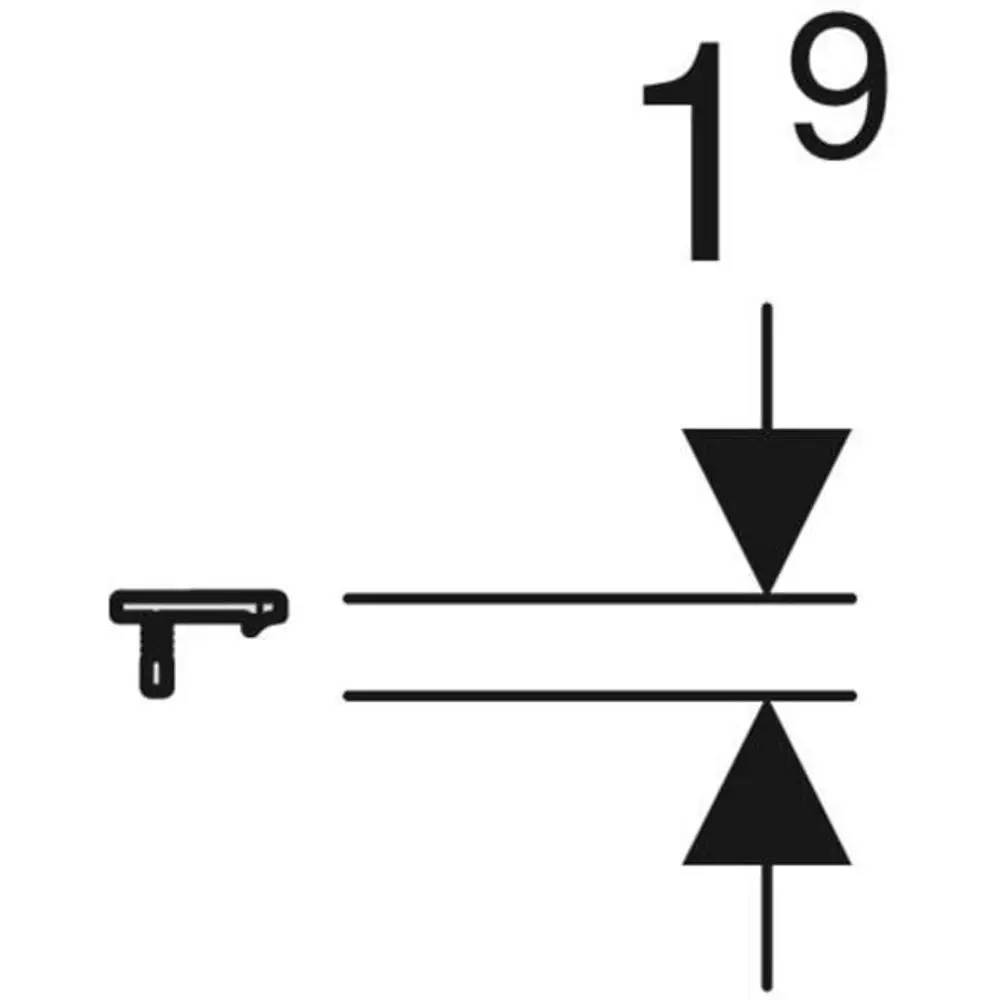 Geberit Produktdarstellung mit einem T-förmigen Element und einem Diagramm, das einen Stromfluss durch zwei Pfeile darstellt.