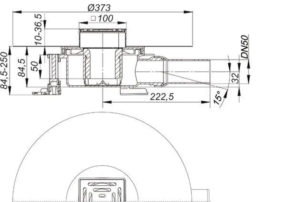Dallmer Bodenablauf mit Querschnittsdarstellung und Anschlussdetails, inklusive Maße und Ausrichtung, für den Einsatz in Fußböden.