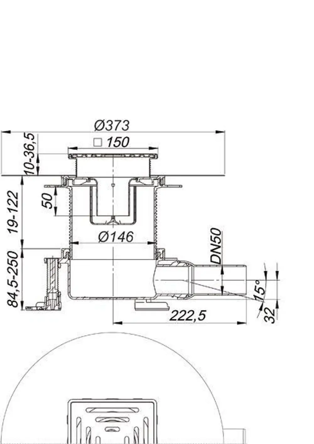 Bodenablauf von Dallmer mit runder Form, seitlichem Anschluss, deutlichen Maßen und vertikalem Auslauf. Technische Zeichnung zeigt Details und Dimensionen des Ablaufs.