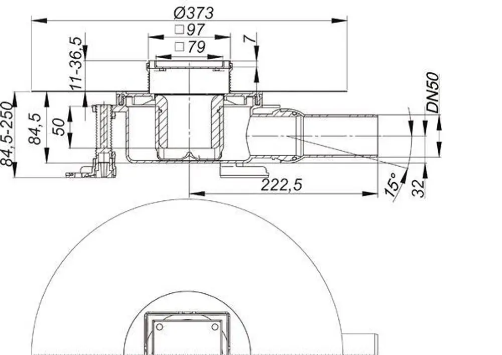 Durchflussbauteil von Dallmer mit einem Anschlussdurchmesser von DN 50 und einer rechteckigen Form, sichtbar in einer technischen Zeichnung mit Maßangaben.