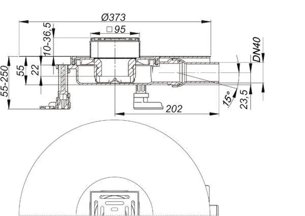 Technische Zeichnung eines Dallmer Bodenablaufs mit Durchmesser 373 mm und verschiedenen Maßangaben für Installationselemente und Anschluss.