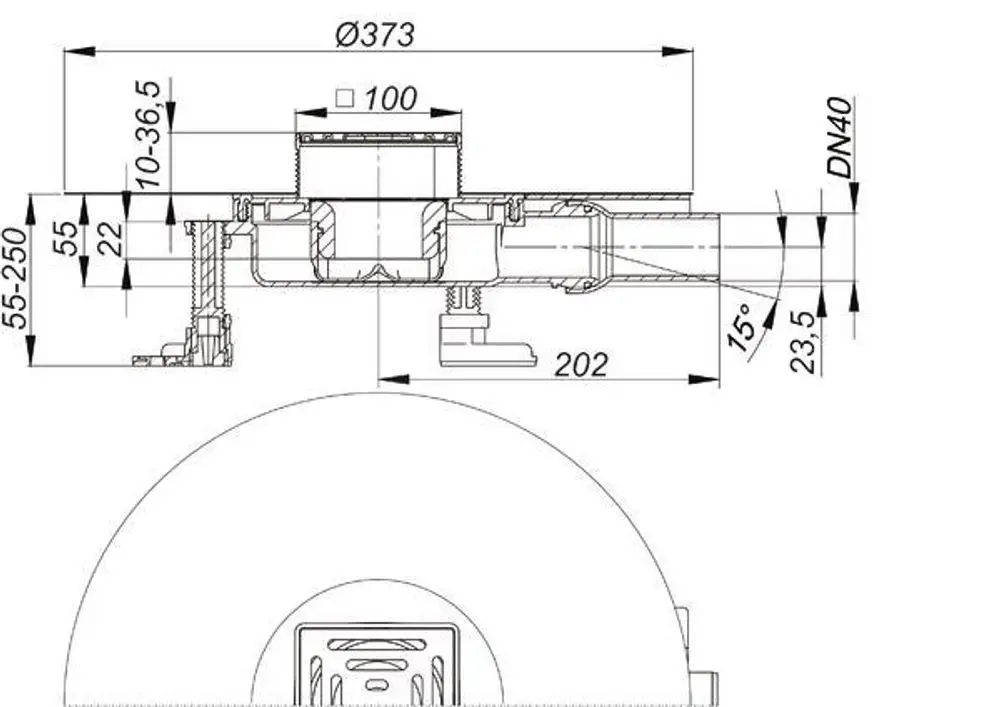 Dallmer Bodenablauf mit quadratischem Design, Auslass DN 40, Abmessungen 100 x 100 mm. Sichtbar sind Rohranschlüsse und Maße für die Installation.