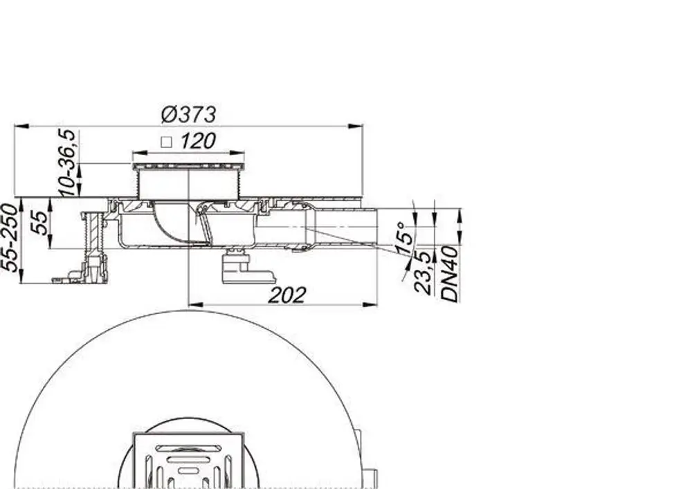 Dallmer Bodenablauf mit quadratischem Design, detaillierte technische Zeichnung mit Abmessungen und Anschlussinformationen. Sichtbar sind Rohrleitungen und Montagepunkte.