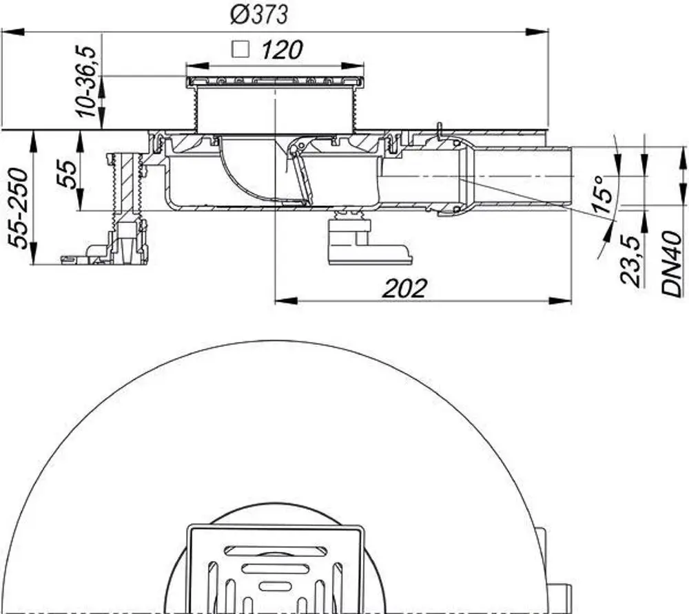 Dallmer Bodenablauf, schematische Darstellung mit Schnittansicht. Gezeigt sind Maße, Anschlussposition und Konstruktionsdetails des Ablaufs.