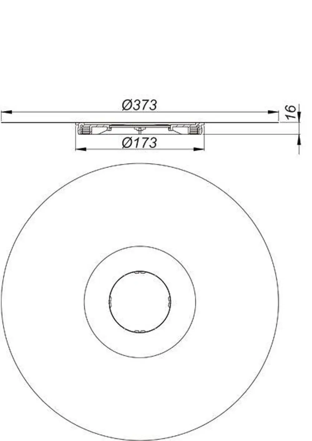 Dallmer Dichtmanschette, scheibenförmig mit einem Durchmesser von 373 mm, zeigt die Befestigungselemente in der Mitte und hat eine Höhe von 16 mm.